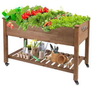 Gowoodhut GF22W Raised Garden Bed with Wheels 48x24x30in, Wood Planter for Vegetables, Flowers, Herbs – Suitable for Backyard, Patio, Balcony, Terrace, Veranda (Brown)