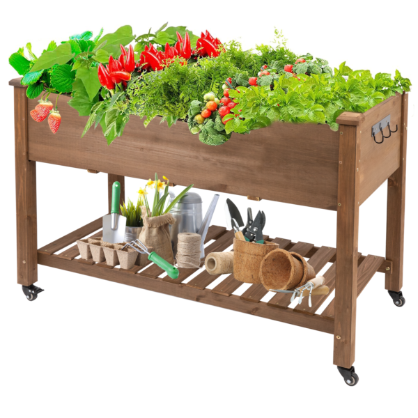 Gowoodhut GF22W Raised Garden Bed with Wheels 48x24x30in, Wood Planter for Vegetables, Flowers, Herbs – Suitable for Backyard, Patio, Balcony, Terrace, Veranda (Brown)