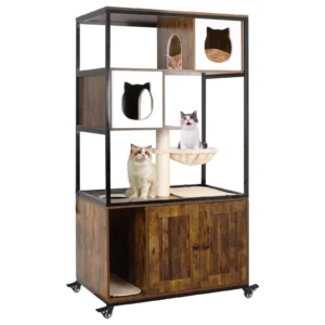 Gowoodhut PET54 Cat Tree Furniture, Cat Litter Box Enclosure Furniture with Caster