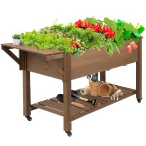 Gowoodhut GF23W Raised Garden Bed Mobile Outdoor Wooden Planter Box with Legs & Side Table
