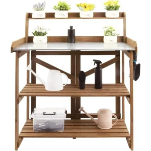Gowoodhut GF12 Garden Potting Bench with Metal Tabletop,Outdoor Potting Table Workstation Benches with Drawer/Storage Shelf