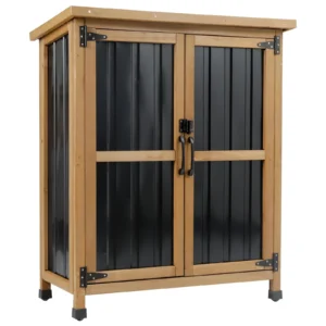 Gowoodhut GF31 Outdoor Storage Cabinet Wood & Metal Small Storage Shed Waterproof Roof, Double Lockable Doors Garden Shed with Removable Shelves for Patio, Garden, Backyard, Lawn