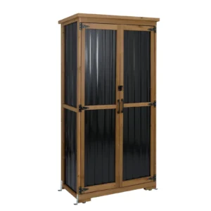 Gowoodhut GF32 Outdoor Storage Cabinet Wood & Metal, Tall Tool Shed with Weatherproof, Double Lockable Doors, Removable 3 Shelves, Adjustable Feet