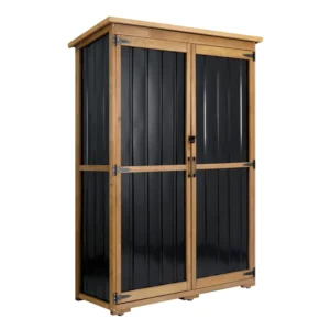 Gowoodhut GF33 Outdoor Storage Cabinet Wood & Metal, Storage Shed with Weatherproof Double Lock for Anti-Theft Removable Shelves Adjustable Feet Wooden Floor