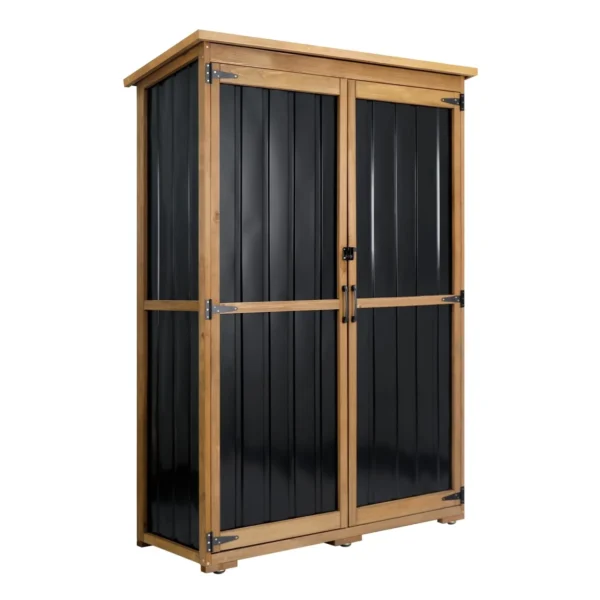 Gowoodhut GF33 Outdoor Storage Cabinet Wood & Metal, Storage Shed with Weatherproof Double Lock for Anti-Theft Removable Shelves Adjustable Feet Wooden Floor