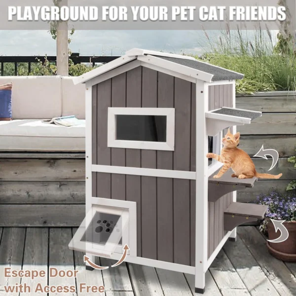 Gowoodhut PET04 Cat House Indoor Outdoor Feral Cat Shelter Kitty House with Escape Door, Gray - Image 2