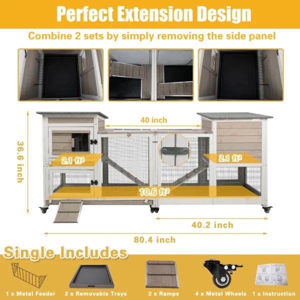 Gowoodhut PET32 Rabbit Hutch Indoor Large 2-Story Outdoor Wooden Bunny Hutch with Run on Wheels, Gray - Image 2