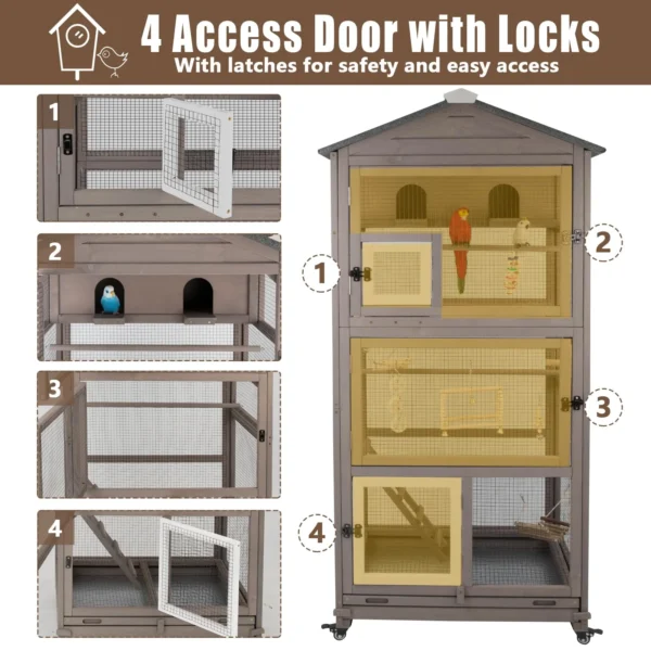 Gowoodhut PET50 Outdoor Bird Aviary Indoor Wooden Large Bird Cage Parakeet Cage on Wheels - Image 2