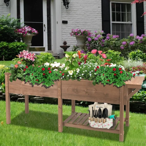 Gowoodhut GF24 Outdoor Raised Garden Bed with Legs, Elevated Box with Grow Grid and Large Storage Shelf, Ideal for Vegetables, Flowers, and Herbs - Image 2