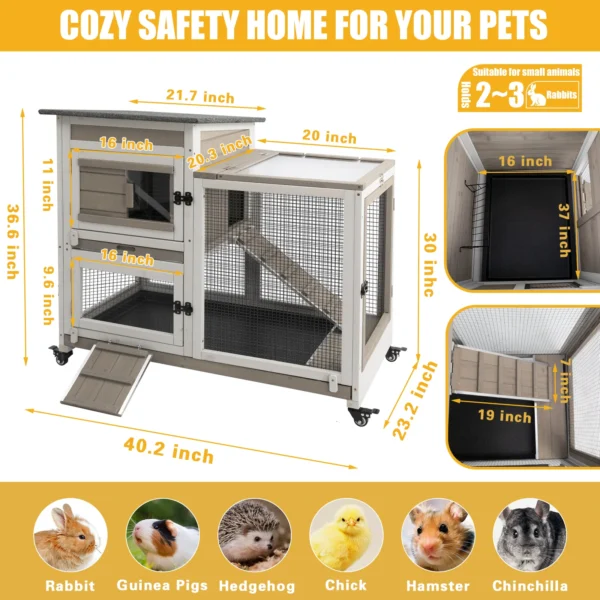 Gowoodhut PET32 Rabbit Hutch Indoor Large 2-Story Outdoor Wooden Bunny Hutch with Run on Wheels, Gray - Image 3