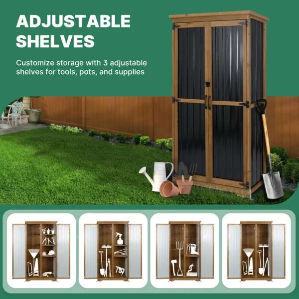 Gowoodhut GF32 Outdoor Storage Cabinet Wood & Metal, Tall Tool Shed with Weatherproof, Double Lockable Doors, Removable 3 Shelves, Adjustable Feet - Image 3