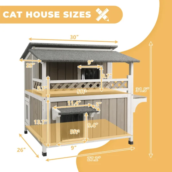 Gowoodhut PET14 Cat House Two-Story Wooden Feral Cat Shelter with Balcony for Indoor & Outdoor - Image 3