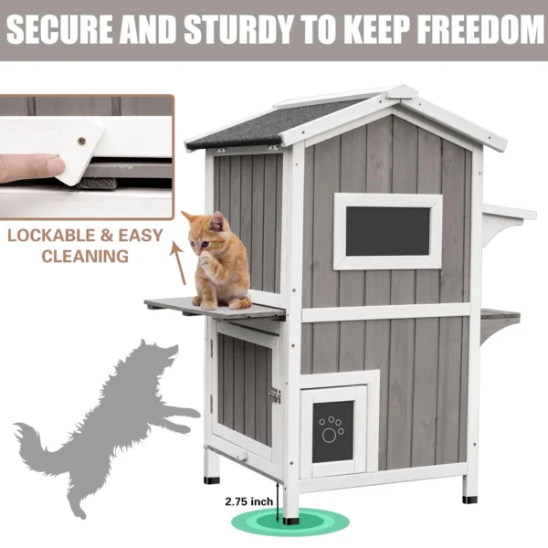 Gowoodhut PET04 Cat House Indoor Outdoor Feral Cat Shelter Kitty House with Escape Door, Gray - Image 4