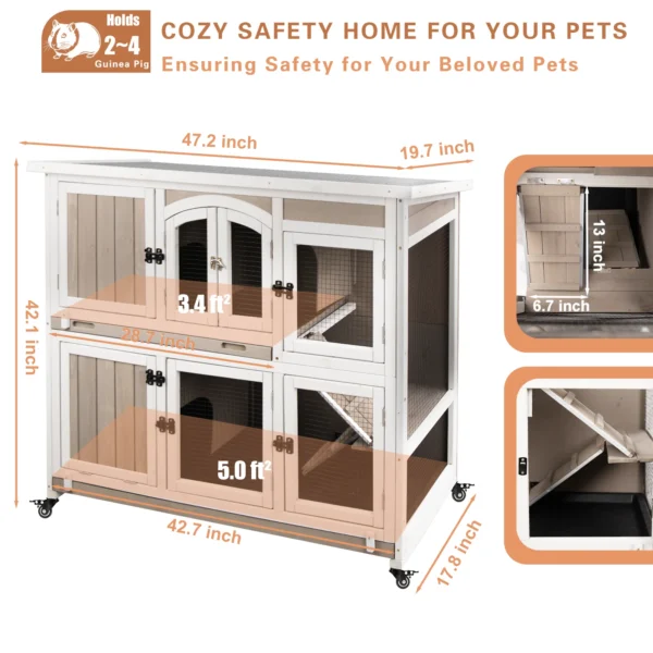 Gowoodhut PET33 Guinea Pig Cage Indoor Wooden 2-Story Rabbit Hutch on Wheels for Small Animals, Gray - Image 4