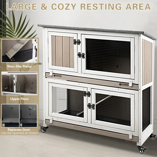 Gowoodhut PET34 Rabbit Hutch Indoor Wooden 2 Story Bunny Hutch Rabbit Cage with Wheels for Small Animals - Image 4