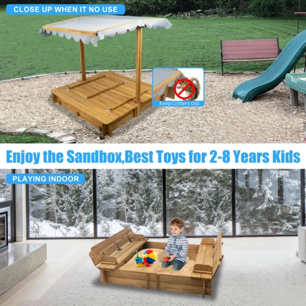 Gowoodhut GF03 Wooden Sandbox with Lid, Kids Sandbox with Cover Outdoor, Sandbox with 2 Foldable Bench Seats for Backyard - Image 4