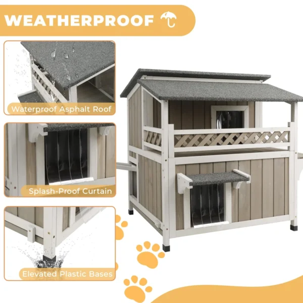 Gowoodhut PET14 Cat House Two-Story Wooden Feral Cat Shelter with Balcony for Indoor & Outdoor - Image 4