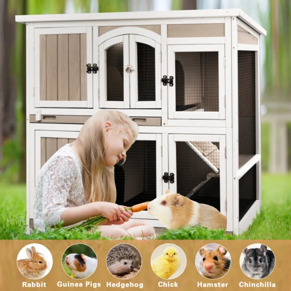 Gowoodhut PET33 Guinea Pig Cage Indoor Wooden 2-Story Rabbit Hutch on Wheels for Small Animals, Gray - Image 5