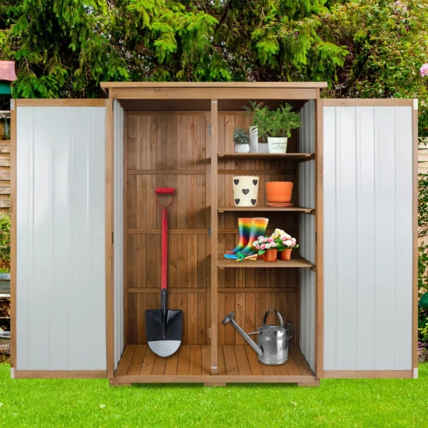 Gowoodhut GF33 Outdoor Storage Cabinet Wood & Metal, Storage Shed with Weatherproof Double Lock for Anti-Theft Removable Shelves Adjustable Feet Wooden Floor - Image 5