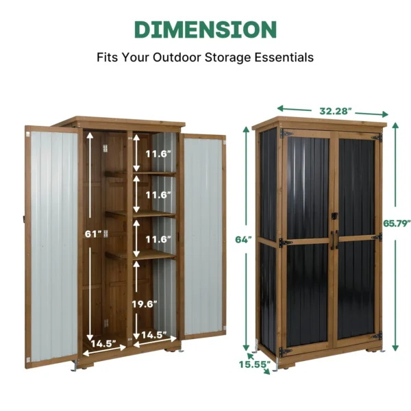 Gowoodhut GF32 Outdoor Storage Cabinet Wood & Metal, Tall Tool Shed with Weatherproof, Double Lockable Doors, Removable 3 Shelves, Adjustable Feet - Image 6