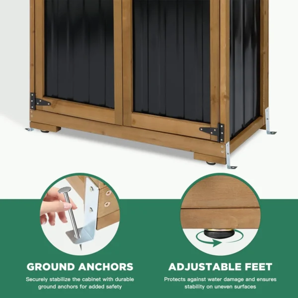 Gowoodhut GF33 Outdoor Storage Cabinet Wood & Metal, Storage Shed with Weatherproof Double Lock for Anti-Theft Removable Shelves Adjustable Feet Wooden Floor - Image 6
