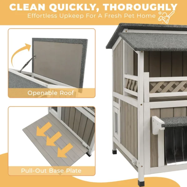 Gowoodhut PET14 Cat House Two-Story Wooden Feral Cat Shelter with Balcony for Indoor & Outdoor - Image 6