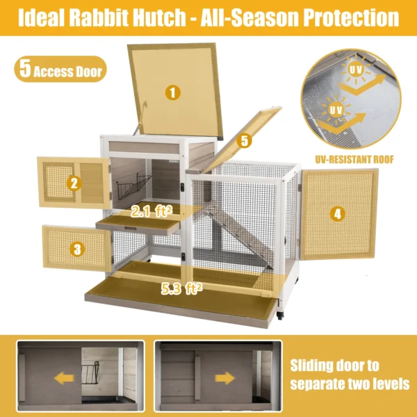 Gowoodhut PET32 Rabbit Hutch Indoor Large 2-Story Outdoor Wooden Bunny Hutch with Run on Wheels, Gray - Image 8