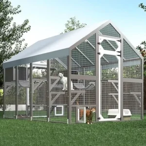 Gowoodhut Extra Large Catio Outdoor Cat Enclosure Waterproof, Walk-in Outdoor Pet House for Multiple Cats, Catio Cat Run Cage with Bridges, Weatherproof Full Cover, 8 Platforms, 2 Resting Box