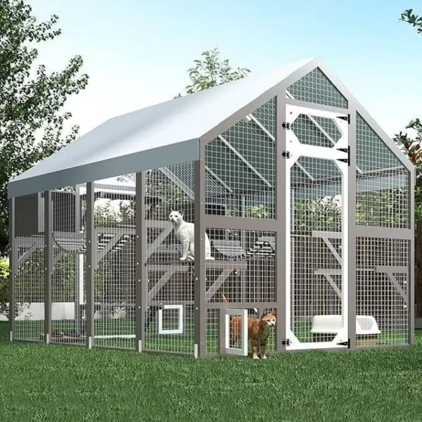 Gowoodhut Extra Large Catio Outdoor Cat Enclosure Waterproof, Walk-in Outdoor Pet House for Multiple Cats, Catio Cat Run Cage with Bridges, Weatherproof Full Cover, 8 Platforms, 2 Resting Box