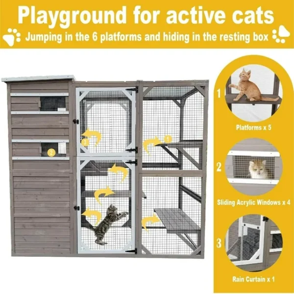 Gowoodhut Large Outdoor Catio Cat Enclosures - Wooden Cat House Weatherproof with Multi Platforms & Weather Resistant Roof, Catio Combined- 71" H 77" L - Image 6